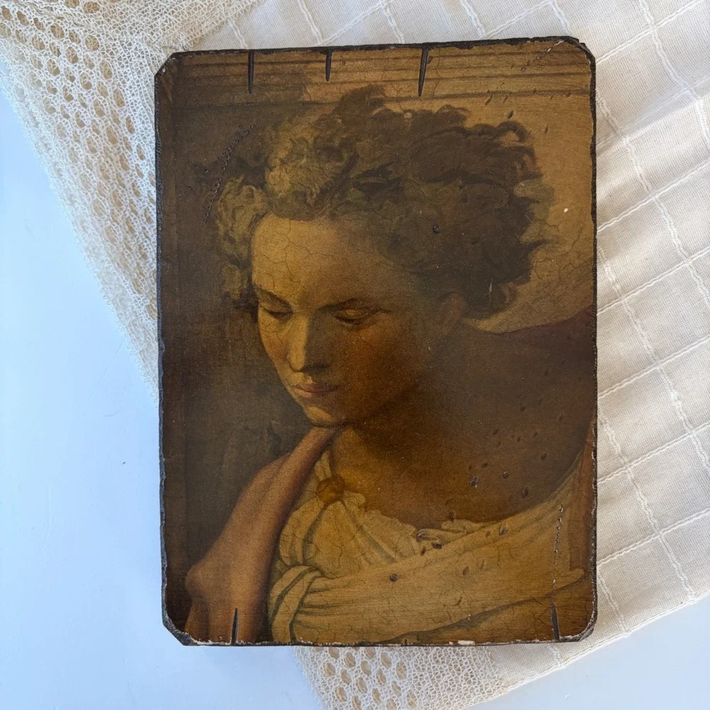 Vintage Renaissance Style Woman Portrait Wood Block Wall Art Rustic Plaque 11x8